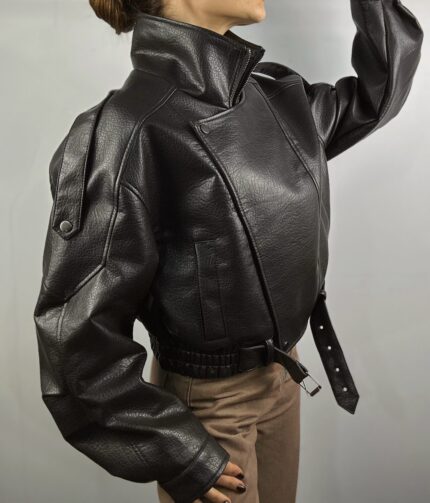 Дамско късо кожено biker яке в кафяво