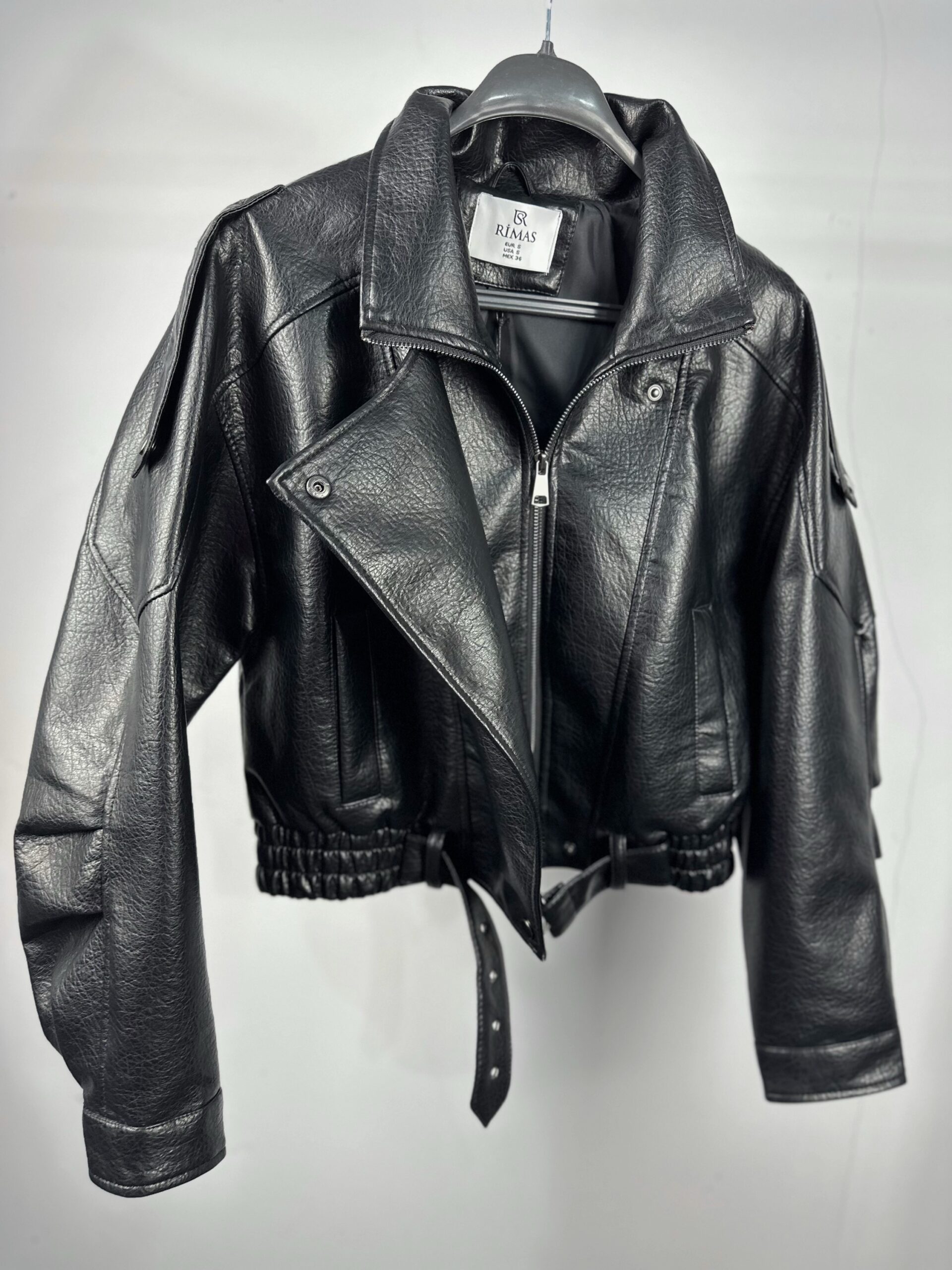 Дамско черно кожено яке -модерно късо biker яке с колан - Image 8