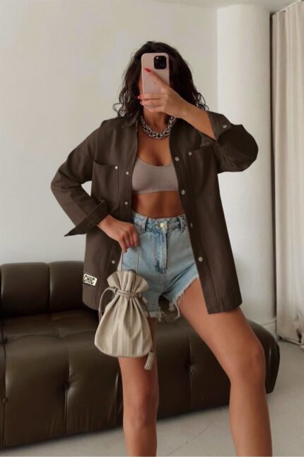 Дамска кафява дънкова риза-яке Oversize CHIC –