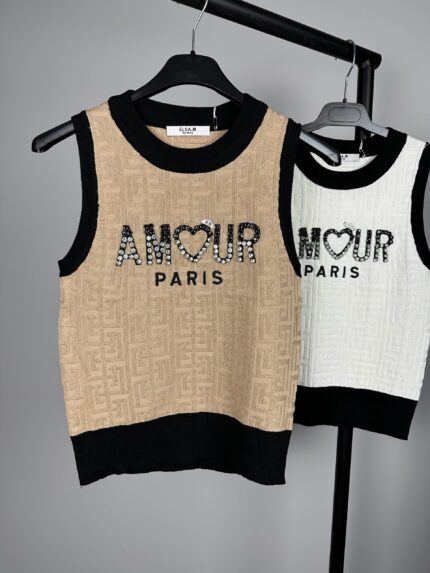 Дамски плетен топ с камъни Amour Paris в кафяво