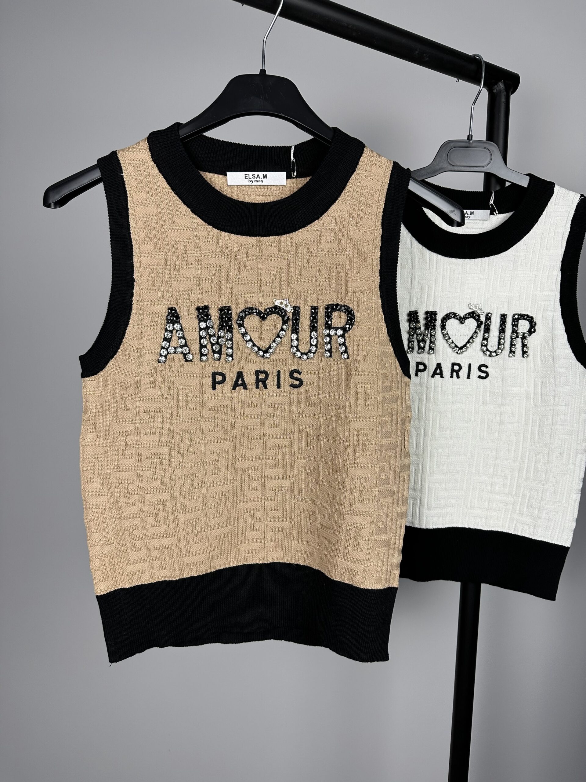 Дамски плетен топ с камъни Amour Paris в кафяво